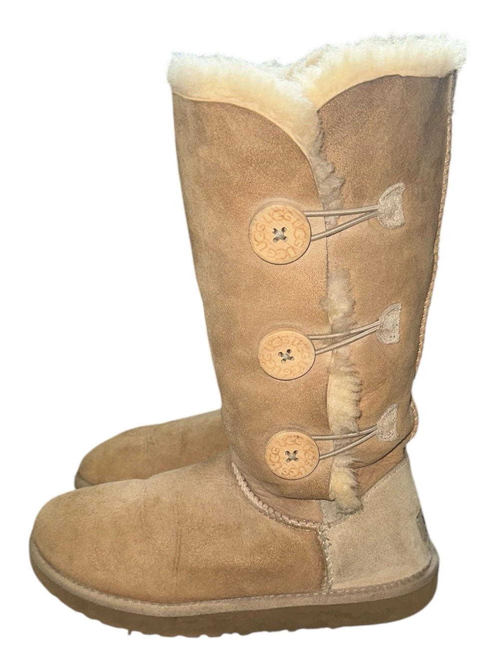 UGG Bailey Button Triplet Boots Three Signature Wooden Logo Buttons Natural Sz 7 - Picture 4 of 9